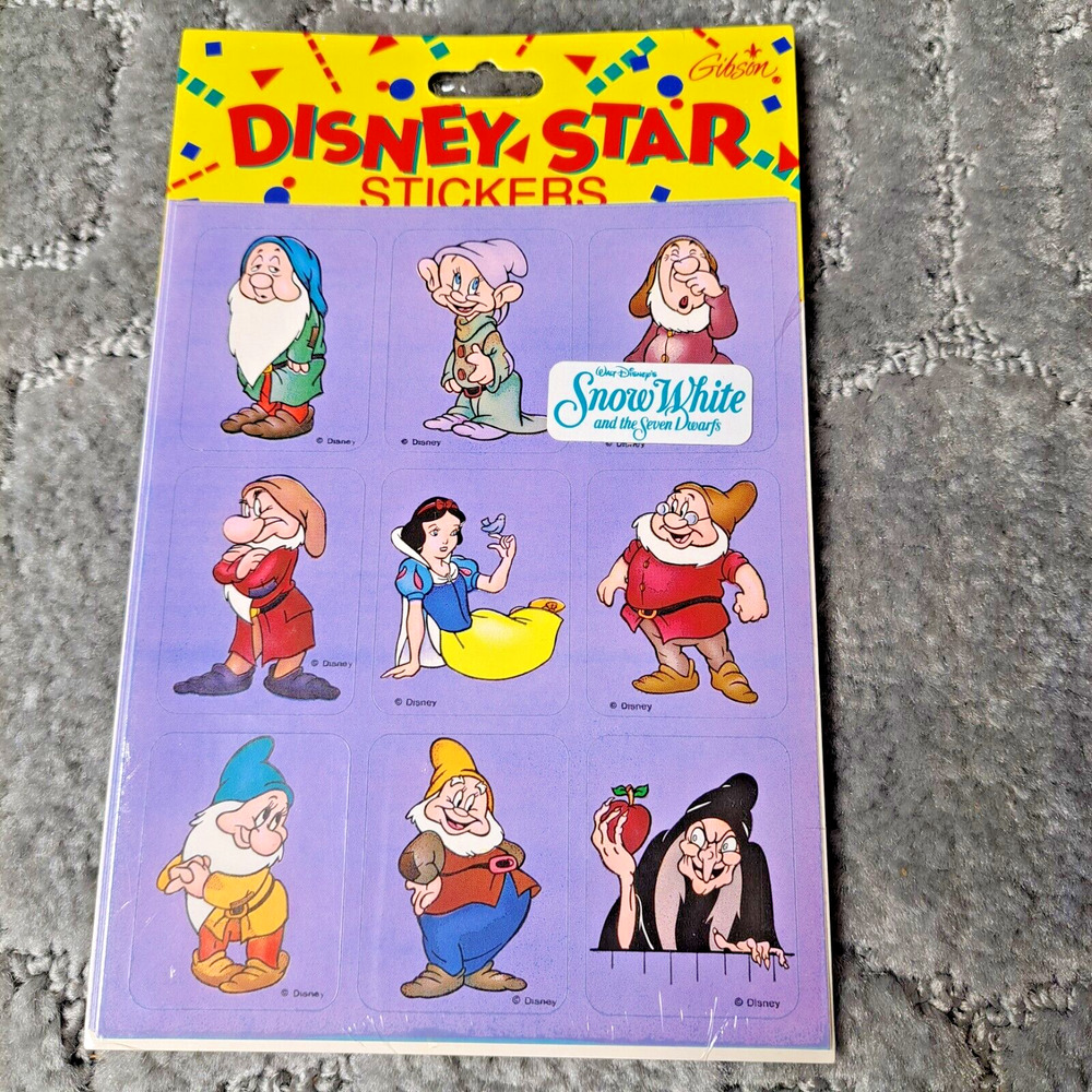 VINTAGE DISNEY STAR STICKERS SNOW WHITE 7 DWARVES NIP NOS 4 SHEETS 1993 GIBSON